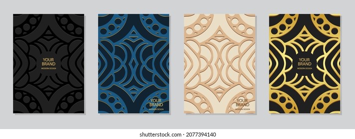 Set of cover design, vertical templates.Geometric ethnic 3D pattern, unique collection of different colors embossed backgrounds, golden grunge texture. Oriental, Indonesian, Mexican, Aztec motives.