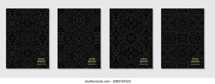 Conjunto de diseño de portada, plantillas verticales.Patrón geométrico 3D, colección original étnica de fondo negro grabado con elementos de arte folclórico. Este, indio, mexicano, azteca.
