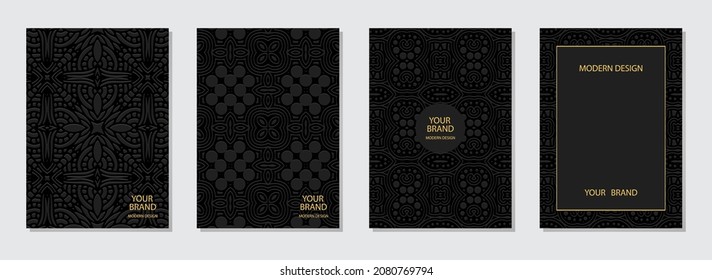 Set of cover design, vertical templates.Geometric 3D pattern, ethnic unique collection of embossed black backgrounds with folk art elements. Eastern, Indian, Mexican, Aztec style.