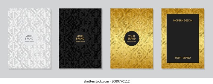 Set of cover design, vertical templates.Geometric 3D pattern, ethnic collection of black, gold, white embossed backgrounds with folk art elements. Eastern, Indian, Mexican, Aztec style.
