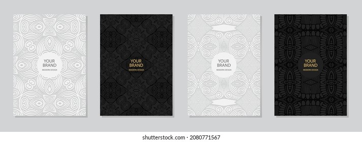 Set of cover design, vertical templates.Geometric 3D pattern, ethnic trendy collection of black, white embossed backgrounds with folk art elements. Eastern, Indian, Mexican, Aztec style.