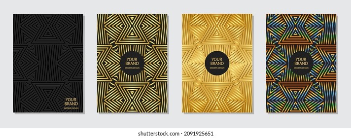 Set of cover design, vertical templates.Geometric golden 3D pattern. Ethnic vintage collection of embossed backgrounds. , Indonesian, Mexican, Aztec motives.

