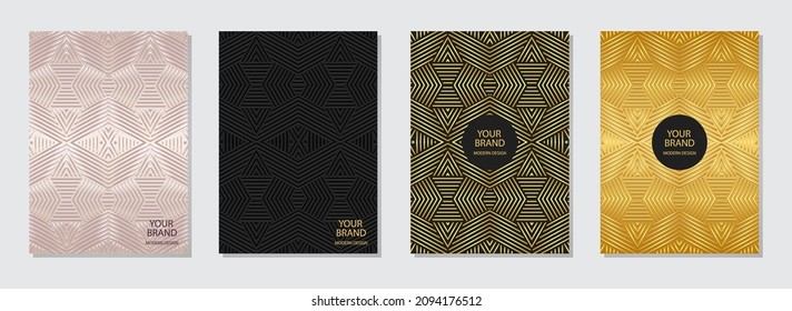Set of cover design, vertical templates.Geometric golden 3D pattern, unique texture. Ethnic vintage collection of embossed backgrounds. Oriental, Indonesian, Mexican, Aztec motives.