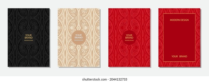 Set of cover design, vertical vector templates.Geometric creative volumetric convex ethnic 3D pattern, multicolored embossed backgrounds, frame for text. Oriental, Indonesian, Mexican, Aztec motives.