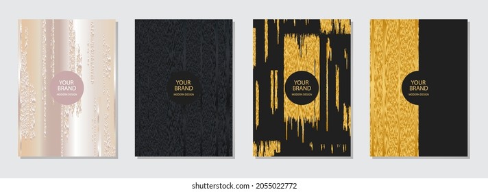 Conjunto de diseños de portada, plantillas vectoriales verticales. Patrón de grunge de oro abstracto geométrico, fondos de diferentes colores, marco para texto. Gráficos vectoriales para presentaciones, páginas de negocios, folletos.