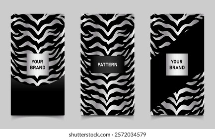 Set of cover designs for banner black and white tiger stripes with silver metallic accents. Suitable for branding, packaging, luxury, fashion or abstract backgrounds. 