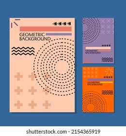 set of cover designs with flat geometric elements. orange, purple and white color design
