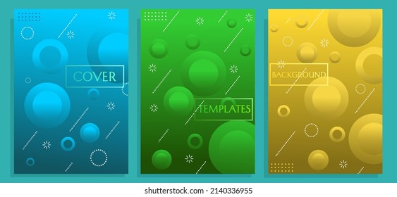 set of cover designs with green, blue and gold gradient backgrounds. design with dynamic geometric ornaments. Can be used for annual report covers, banners, presentations and books