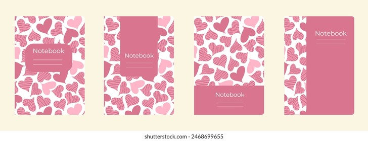 Set of cover designs for notebook, notepad, book, catalog with many hearts.Template for girl and school in pink and white colors. Vertical format A4,A5.
