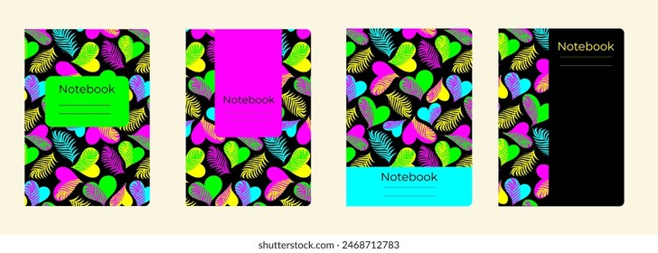 Set of cover designs for notebook, notepad, book, catalog with many hearts.Template for girl and school in colorful design. Vertical format A4,A5.