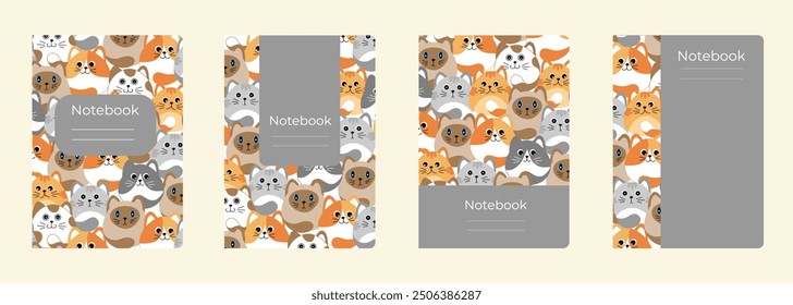 Set of cover designs for notebook, notepad, book, catalog with many cats. Vertical format A4,A5.