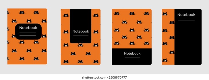 Set of cover designs for notebook, notepad, book, catalog with many  black cats. Vertical format A4,A5.