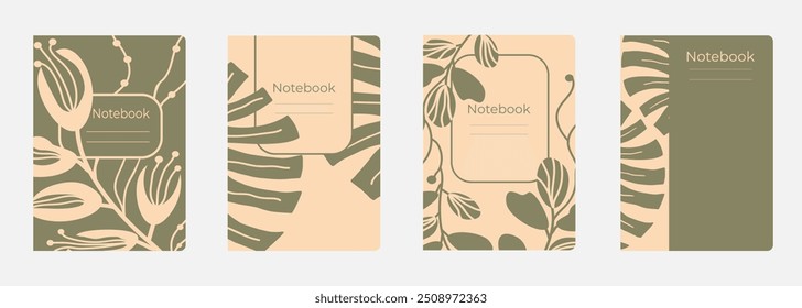 Set of cover designs for notebook, notepad, book, catalog with abctract tropical plants in pastel color. Vertical format A4,A5.