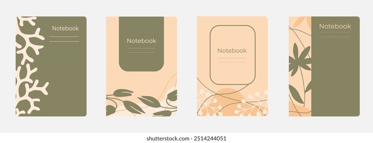 Conjunto de diseños de portada para cuaderno, bloc de notas, libro, catálogo con plantas tropicales abstractas en color pastel. Formato de Vertical A4,A5.