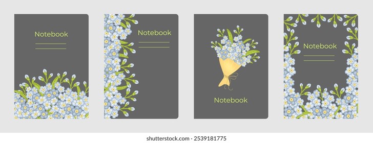 Set of cover designs for notebook, notepad, book, catalog with forget me not flowers. Vertical format A4,A5.