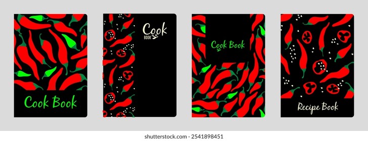 Set of cover designs for notebook, notepad, cook book, catalog with hot red and green pepper chili. Vertical format A4,A5.