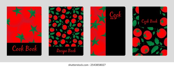 Set of cover designs for notebook, notepad, cook book, catalog with red, ripe tomato. Vertical format A4, A5.