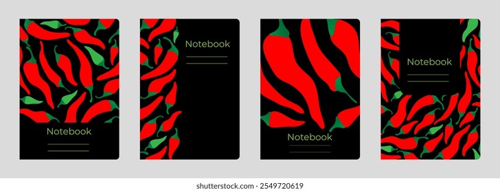 Set of cover designs for notebook, notepad, book, catalog with hot red pepper chili. Vertical format A4,A5.