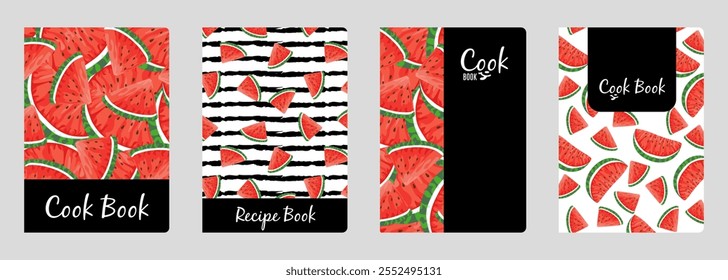 Set of cover designs for notebook, notepad, cook book, catalog with red, ripe watermelon. Vertical format A4, A5.