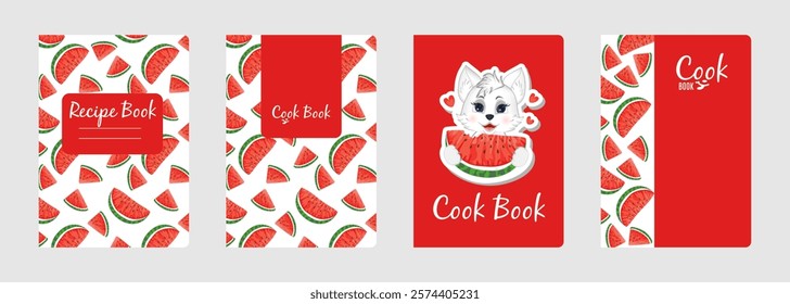 Set of cover designs for notebook, notepad, cook book, catalog with little white cat and watermelon slice. Vertical format A4,A5.