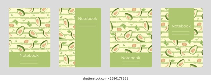 Set of cover designs for notebook, notepad, book, catalog with green ripe avocado halves on striped background. Vertical format A4,A5.