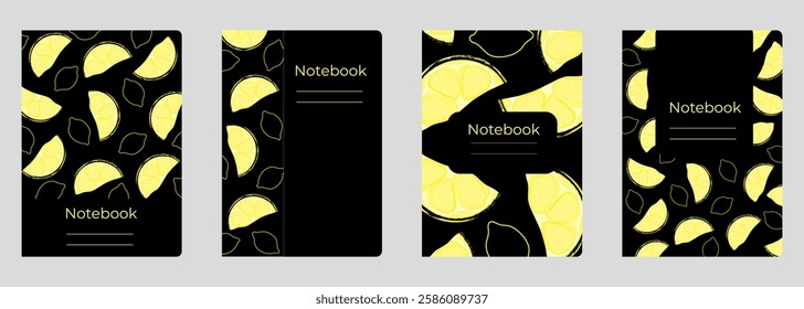 Set of cover designs for notebook, notepad, book, catalog with lemon slice. Template of vertical format A4, A5.