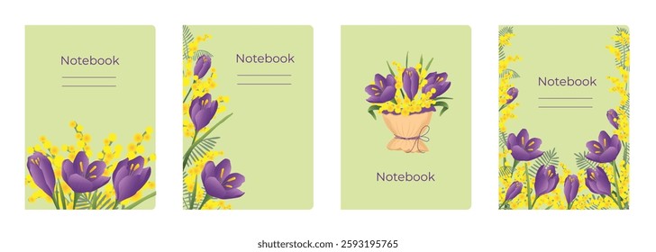 Set of cover designs for notebook, notepad, book, catalog with crocus and mimosa flowers. Vertical format A4, A5.