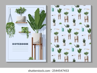 Set of cover designs for notebooks. Elegant cover templates with indoor plants. Pattern with potted houseplants. Beautiful botanical pattern. Stock vector illustration.