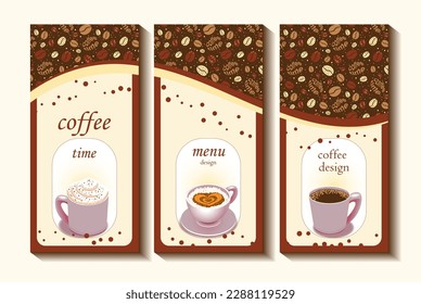 Set cover flyer template design for cafe menu and coffee shop with bean pattern with cups on beige background. Vector illustration with space for text. 