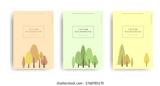 Conjunto de cubierta con silueta de árbol forestal de color verde y amarillo. Arte retro para portadas a4, pancartas, volantes y afiches. Ilustración del vector