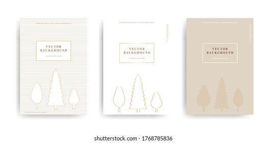 Conjunto de cubierta con silueta de árbol forestal color oro. Arte retro para portadas a4, pancartas, volantes y afiches. Ilustración del vector
