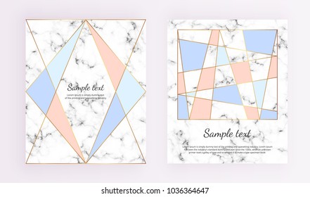 Set cover geometric designs with gold line, cream blue, pastel pink colors and marble texture background. Template for invitation, card, design, banner, wedding, 
