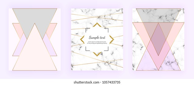 Set cover geometric designs with marble texture, gold lines, triangles, pastel pink, grey colors background. Trendy template for invitation, card, banner, wedding, placard, party, flyer, brochure