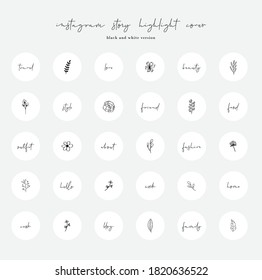Set of Cover Highlight Icon with Text, Hand Drawn Floral and Leaf Element. Elegant and Black and White Background