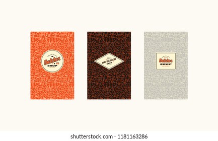 Set of cover, label, logo and seamless pattern  for butcher shop. Various colors background