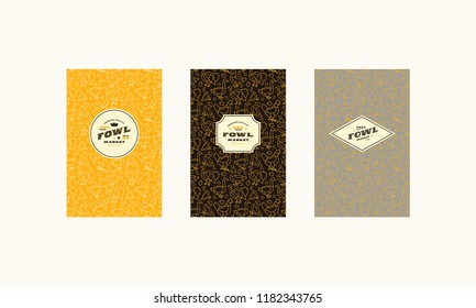 Set of cover, label, logo and seamless pattern  for fowl market. Various colors background