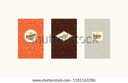 Set of cover, label, logo and seamless pattern  for butcher shop. Various colors background