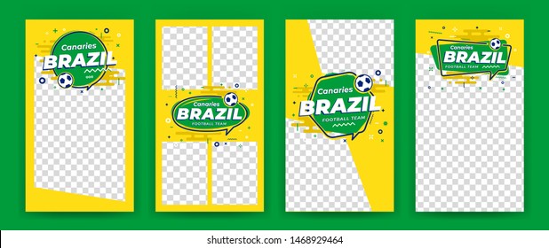 Set of cover layouts, geometric templates with space on photo and with icon football, soccer ball. Vector Illustration. Festival brazil motifs.