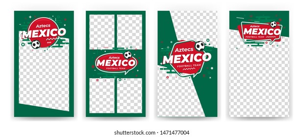 Set of cover layouts, geometric templates with space on photo and with icon football, soccer ball. Vector Illustration. Mexico and Aztec motifs.