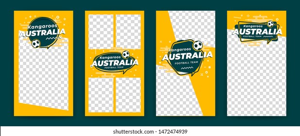 Set of cover layouts, geometric templates with space on photo and with icon football, soccer ball. Vector Illustration. Australian motifs.