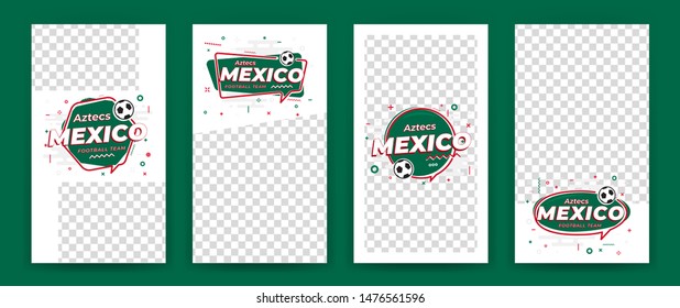 Set of cover layouts, geometric templates with space on photo and with icon football, soccer ball. Vector Illustration. Mexico and Aztec motifs.