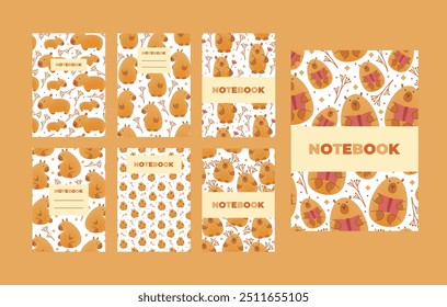 Set of cover of notebook with hand draw seamless pattern of capybaras with leaves. Vector illustration in flat style. Cartoon cute animal for print.Kid child illustration.Page template,planners.