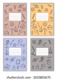 Set Cover Notebook school doodles icons hand drawn. Template cover for diary, broshure, poster, sketchbook. Vector illustration
