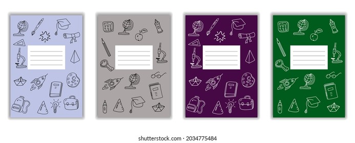 Set Cover Notebook school doodles icons hand drawn. Template cover for diary, broshure, poster, sketchbook. Vector illustration