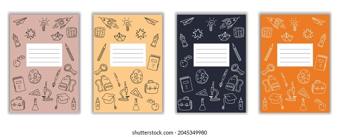Set Cover Notebook school doodles icons hand drawn. Template cover for diary, broshure, poster, sketchbook. Vector illustration