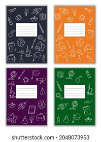 Set Cover Notebook school doodles icons hand drawn. Template cover for diary, broshure, poster, sketchbook. Vector illustration