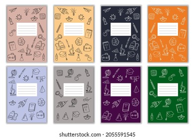 Set Cover Notebook school doodles icons hand drawn. Template cover for diary, broshure, poster, sketchbook. Vector illustration