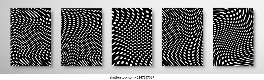 Set cover Optical art background. Black wavy stripes banner. Psychedelic lines. Abstract pattern. Texture with wavy stripy curves. Wave black and white design, Vector illustration hypnotic template