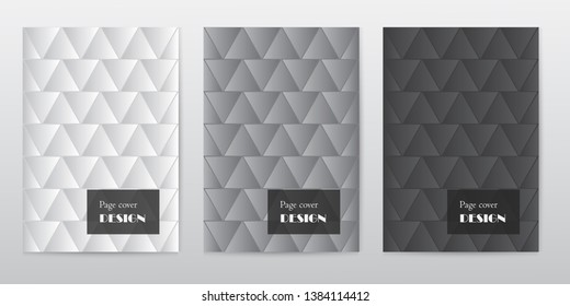 Set of cover page design templates. Vector abstract triangle pattern. Set of templates for business brochures. Graphic template for cover of flyer, poster, notebook, book. Black, gray and white.