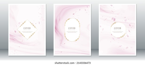 Conjunto de diseño de página de portada con fondo rosa acuarela y marco dorado corredizo